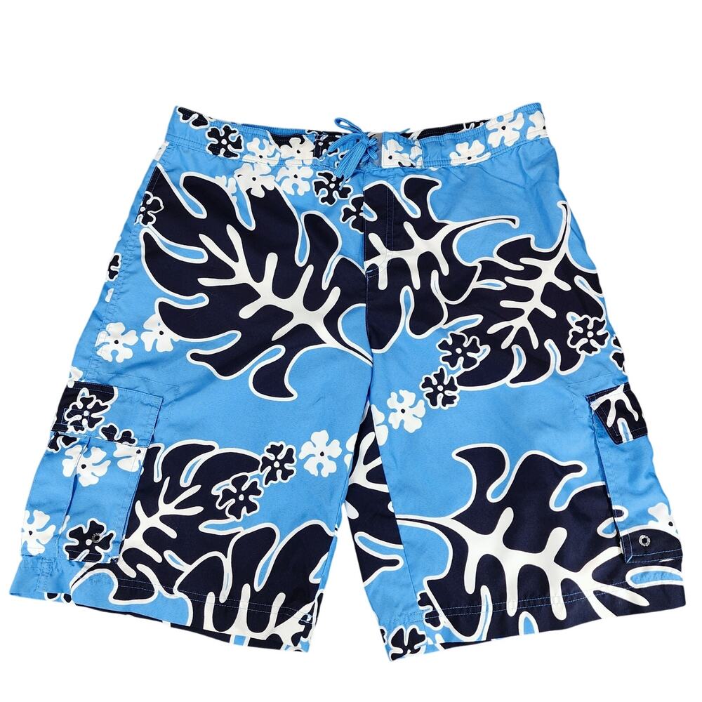 Lands End Board Short sz L 14-15H Youth Boys Hawaiian Tropical Blue White‎ 21"